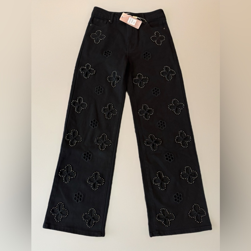 LC Lizette Collection Black Studded Floral Cutout Wide Leg Jeans - Size L - Picture 2 of 8